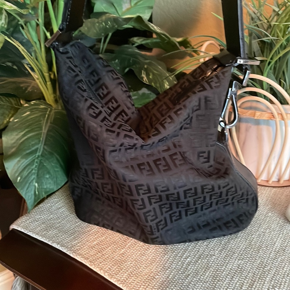 Authentic Fendi small shoulder bag duffle black signature